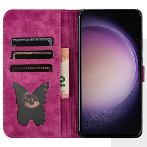 Til Samsung Galaxy S23 Cover Sommerfugl Kat Prægning Læder Folio Telefoncover
