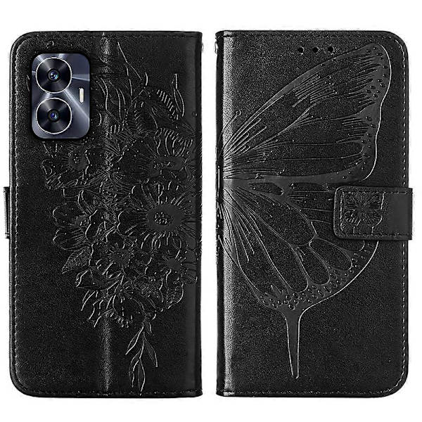 För Realme C55 präglat fjärilsläderfodral