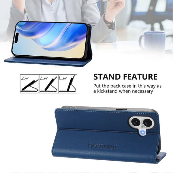 Til iPhone 17 læderetui RINACASIS RC01 telefoncover med RFID-blokerende tegnebogsstativ (mørkeblå)