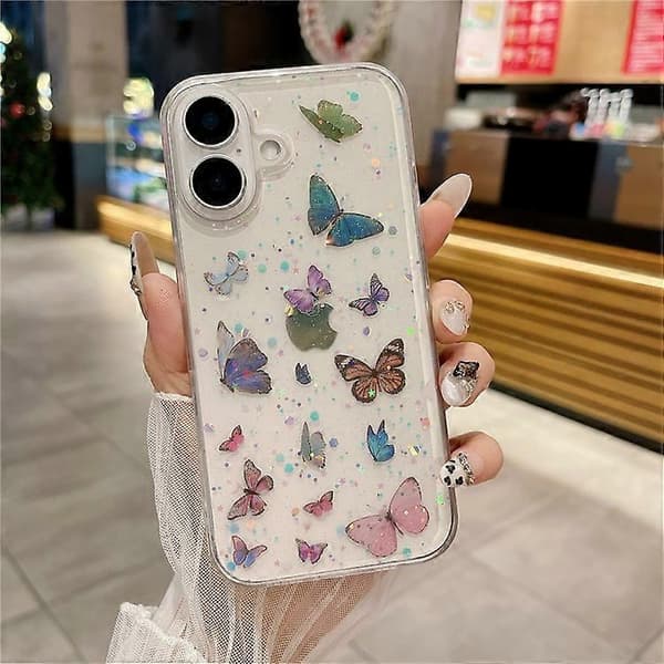 Kompatibel med iPhone 16-deksel Anti-fall TPU-telefonbakdeksel Epoxy Glitter SommerfuglBlå