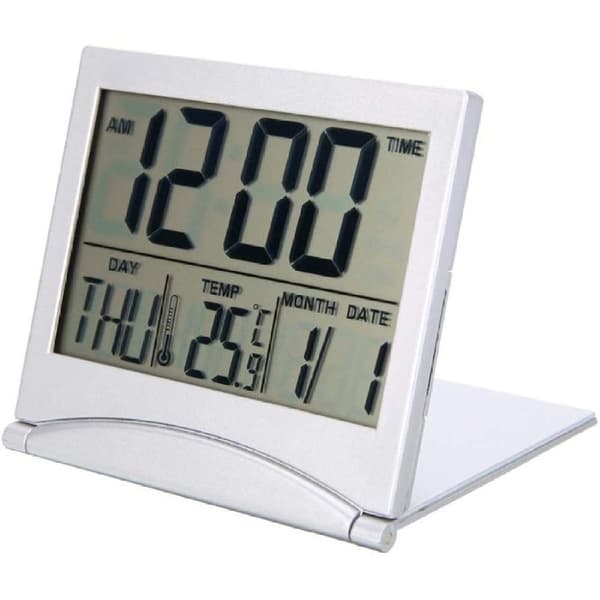 Vikbar Bärbar Skrivbord Digital LCD-skärm Termometer Kalender Väckarklocka, Digital Väckarklocka Batteridriven för Resor med Datum