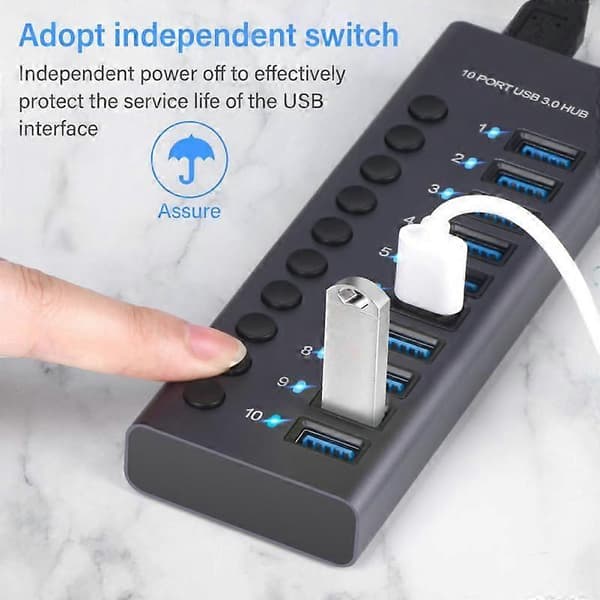 Høyhastighets 4/10-ports USB3.0 HUB-adapterutvider Multi-port USB-splitter Flere