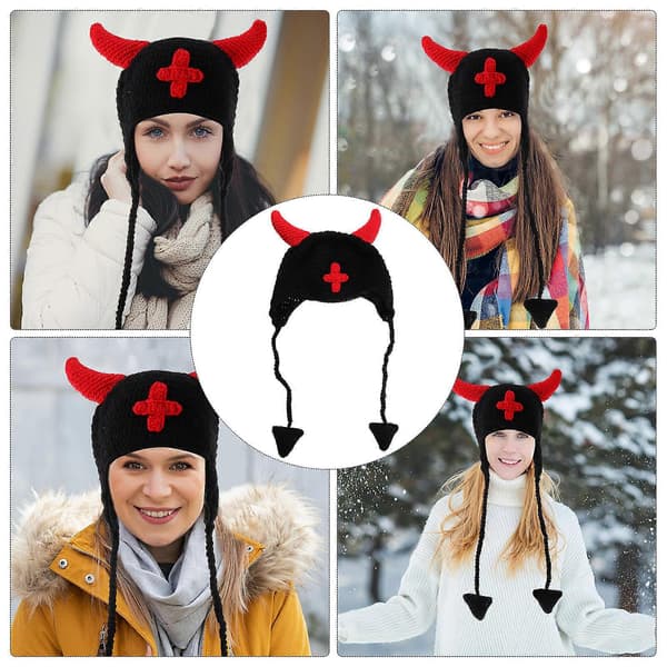 Halloween strikket hue med horn design, 1 stk A