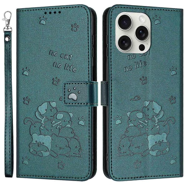 Til iPhone 14 Pro Max etui med rem Katteaftryk Læderpung Telefoncover
