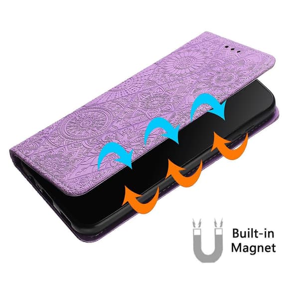 For iPhone 16-deksel med preget blomst, lommebokstativ i skinn A