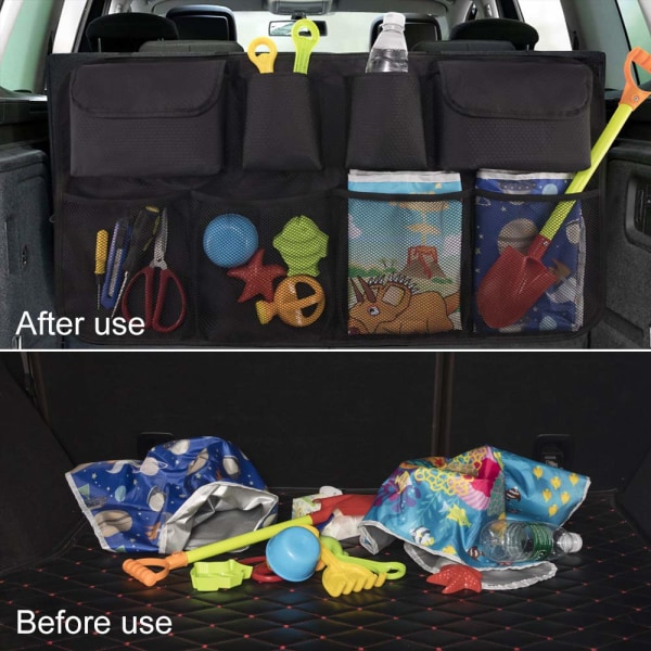 Car Boot Organizer Baksete, 8 lommer Holder bilen ren og organisert, Slitesterk sammenleggbar lastenettoppbevaring for mer bagasjerom, Sikker Car Organizer