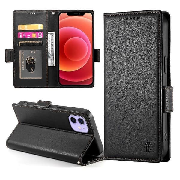 Flip-etui til iPhone 12, kortpladser, daglig brug, pung, forretning, flip-sort
