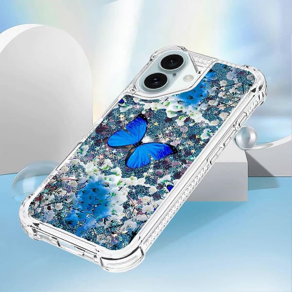 For iPhone 16 Plus TPU-deksel med kvikksand og mønstertrykt blå sommerfugl