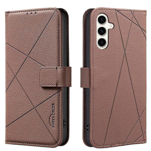 Geometrisk mønster RFID læder telefoncover (brun, til Samsung Galaxy S23+ 5G)