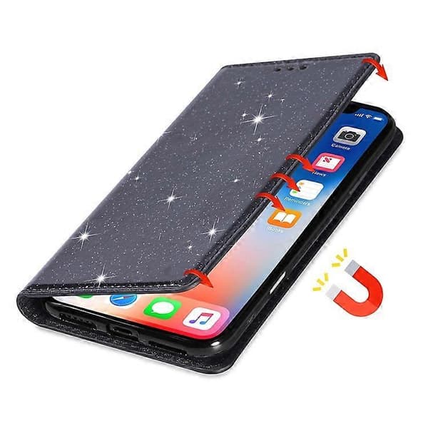 Kompatibel med iPhone 16 Plus etui Glitrende PU-læder+TPU-kortplads Telefoncover Sort