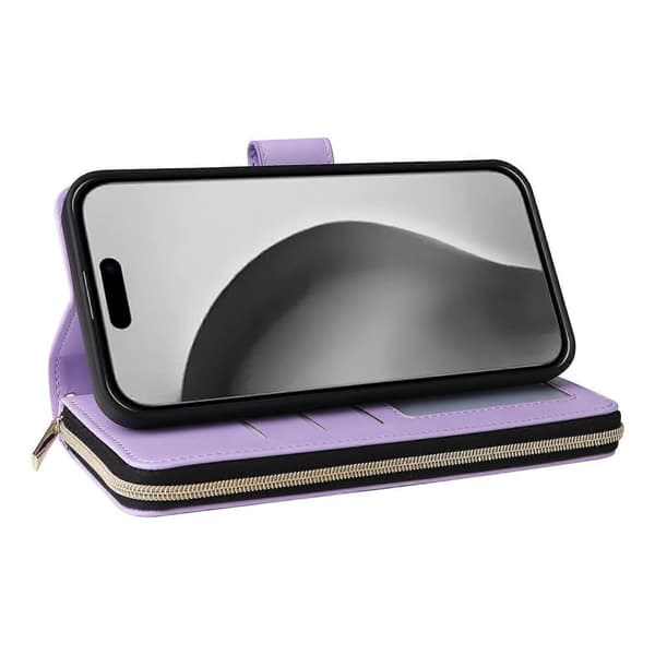 Til iPhone 16 Pro etui lynlås pung PU læder rombe telefoncover med 2 stropper A
