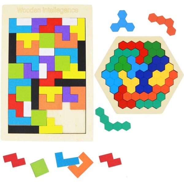 2-pack ryska blockpussel i trä + Hexagonpussel för barn