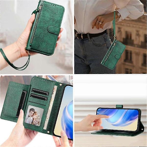 Flip-etui til iPhone 16 Plus kortholder lynlås PU-læder magnetisk grøn