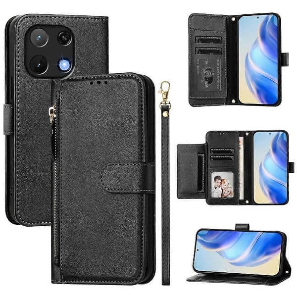 Flip-etui til UMIDIGI Note 90 PU-læder magnetisk lynlås kortholder sort