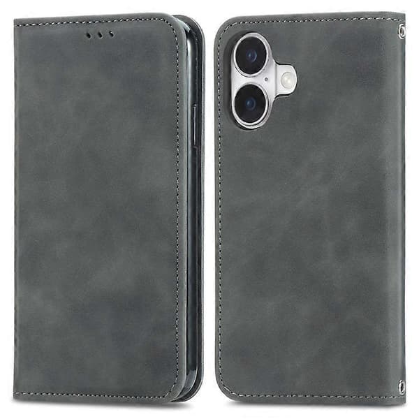 Kompatibel med iPhone 16 Plus Fodral Hudkänsla Läder Plånboksfodral Magnetisk Absorption Grå