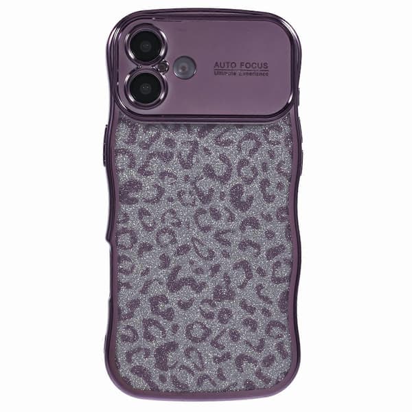 För iPhone 16 Skal Lockig Ram TPU Mobilskal Leopardmönster Glitter A