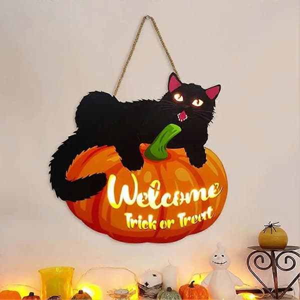 Halloween Græskar Velkomstskilt Lysende Sorte Katte Vægdekoration A
