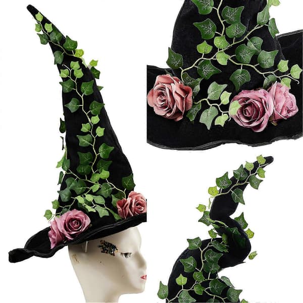 Heksehatt med vinblader Halloween-kostymetilbehør til Halloween-fest Blomsterløvverk Hodeplagg til maskerade Grønn A