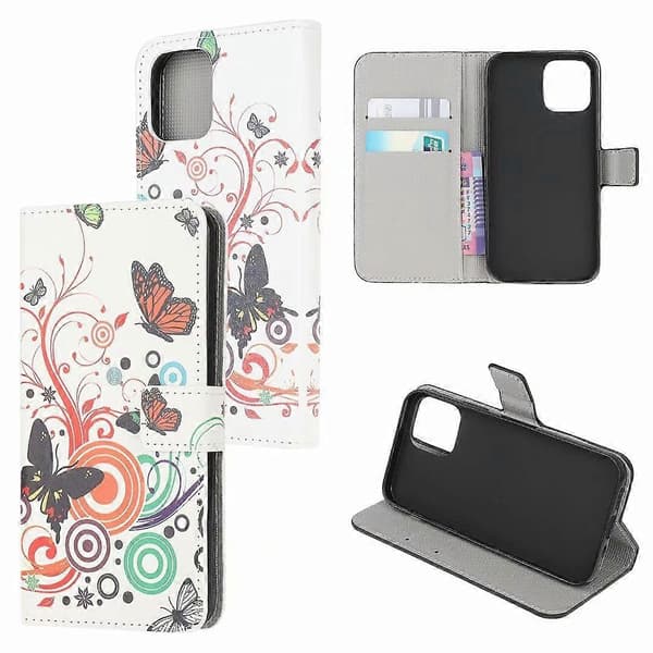 Fodral för iPhone 13 Mini Vit Fjäril Målad Läder Kortplats Plånbok Tryck Nr8761 A