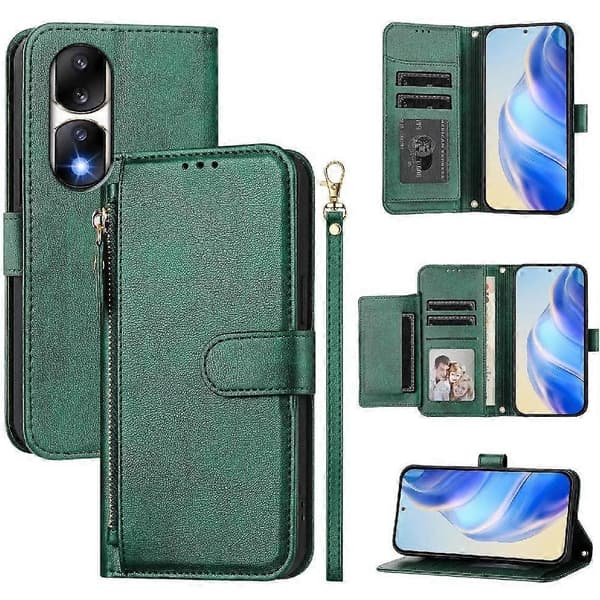 Flip-etui til Honor 90 Pro 5G PU-læder magnetisk lynlås kortholder grøn