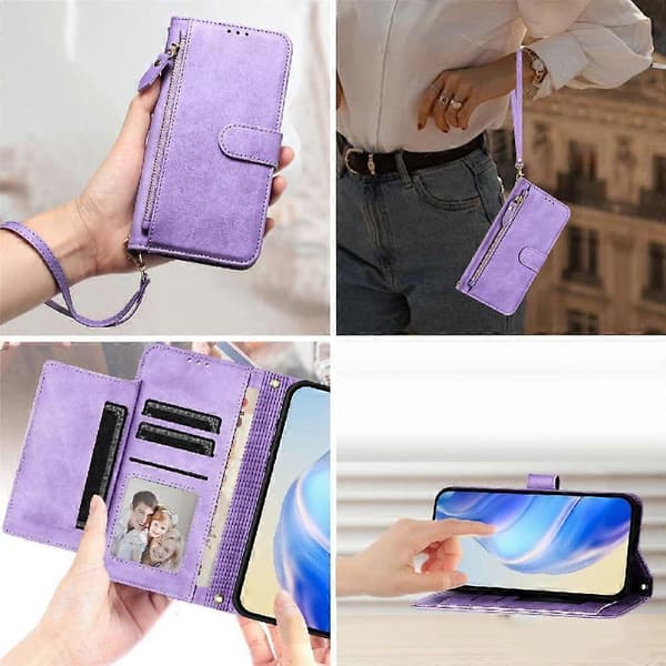 Flip-etui til UMIDIGI Note 90 PU-læder magnetisk lynlås kortholder lilla