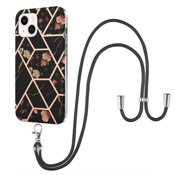 For iPhone 14 Galvanisering Skjøting Marmor Blomstermønster TPU Støtsikkert Deksel med Snor