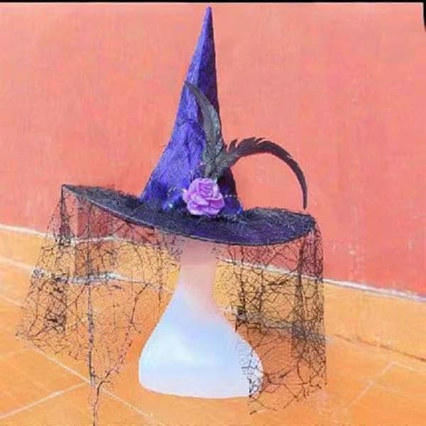 Lysende heksehat Halloween kostumetilbehør til Halloweenfest Slør Fjerhat Elegant hovedbeklædning til maskerade Sort A