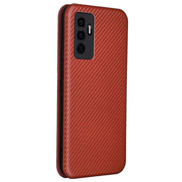 För vivo S10e/V23e Ringrem Anti-fall Kolfibertextur Autoabsorberad Magnetisk Stängning Läder