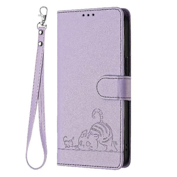 Etui til iPhone 15 Plus kortholder støtteben kat RFID pung flip cover lilla