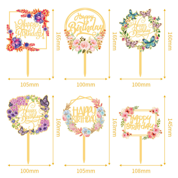 6pcs Happy Birthday Cake Toppers Gold Flower Acrylic Cake