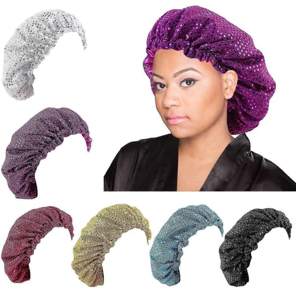 Dame dobbeltlags satengfôret sovehette med glitterpaljetter, justerbar turbanhatt, elastisk hodeplagg for hårtap A
