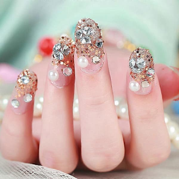 24 stk/sæt Gylden Luksus Rhinestone Blomst Brud Neglekunst Foruddesignet Oval Fuld A