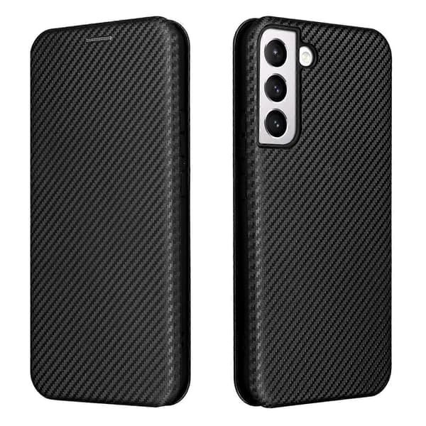 Till Samsung Galaxy S22+ kolfibertextur horisontellt vikbart läderfodral svart