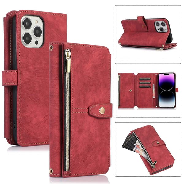 Til iPhone 14 Pro Max Dream 9-korts pung lynlåstaske læder telefoncover A