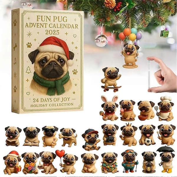Morsom Mops Julekalender 2025, 24 Dager Jul Mops Hund Julekalender