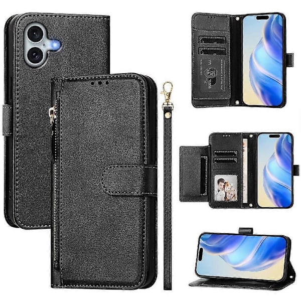 Flip-etui til iPhone 16 Plus kortholder lynlås PU-læder magnetisk sort