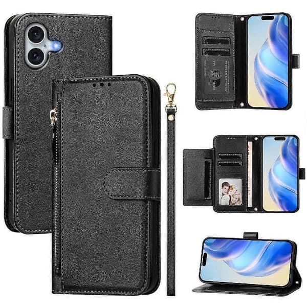 Flipfodral för iPhone 16 Plus korthållare dragkedja PU-läder magnetisk svart