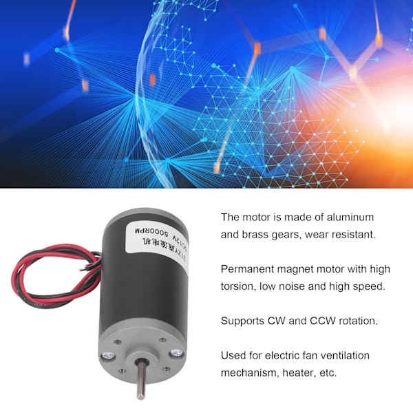 Permanentmagnetmotor DC 12V Reversibel CW CCW Stor Vridmoment Hög Hastighet Elmotor 5000RPM