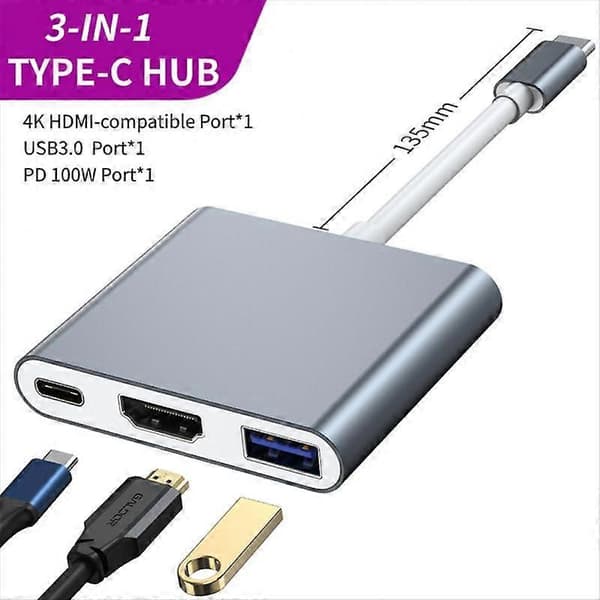 RYRA 3-i-1 Type C USB HUB til 4K HDMI-kompatibel USB 3.0 PD 100W ladeadapter