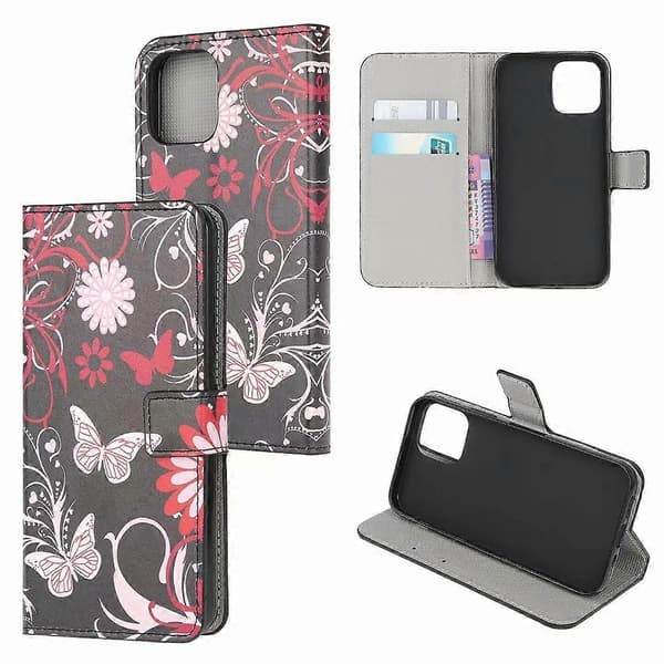 Etui til iPhone 13 Mini Sort Sommerfugl Malet Læder Kortplads Pung Print No6566