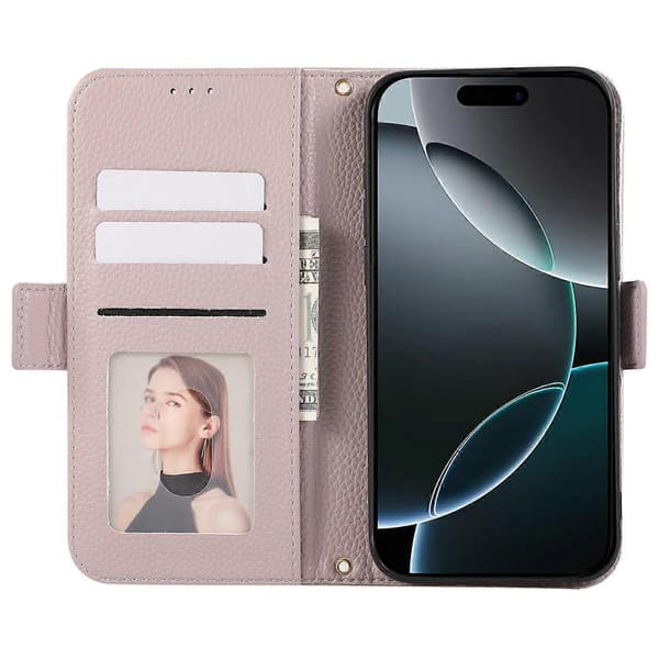 För iPhone 14 Pro läderfodral med korthållare, remmar, stötsäkert plånboksfodral - lila A