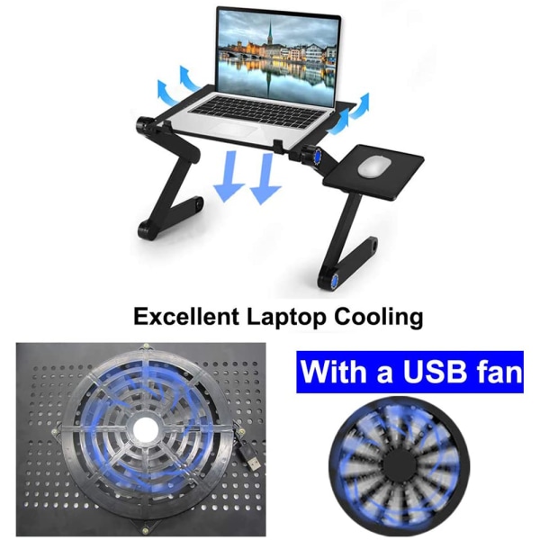 Opgraderet bærbar computerstand i aluminium, justerbar med køleventilator og musemåtte