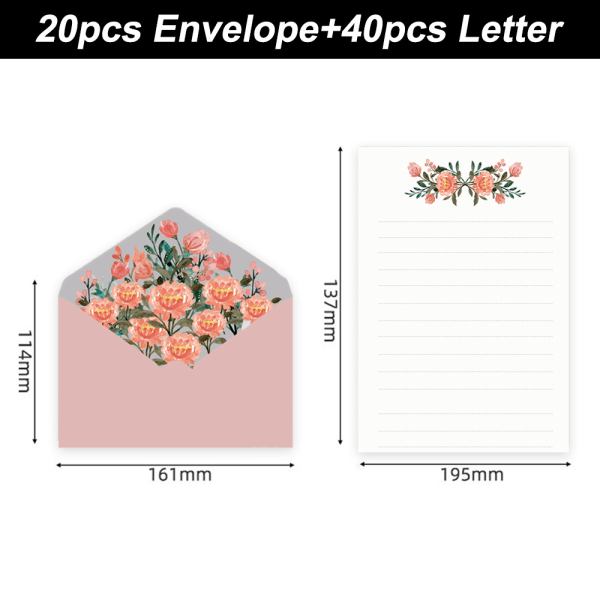 Papir og konvoluttersett, blomsterdesign 40 skrivesaker