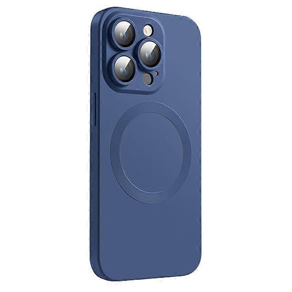 För iPhone 15 Pro-fodral kompatibelt med MagSafe flytande silikonfodral med härdat glaslins (blå, midnattsblå)