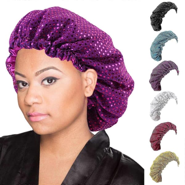 Dame dobbeltlags satengfôret sovehette med glitterpaljetter, justerbar turbanhatt, elastisk hodeplagg for hårtap A
