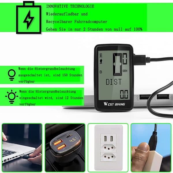 Cykelcomputer USB Genopladelig Cykel Odometer Speedometer Trådløs IPX7 Vandtæt