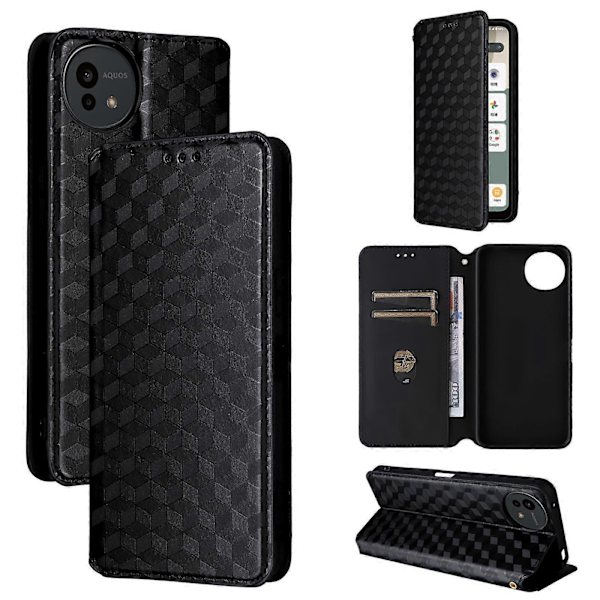Cubic Grid Texture Flip Læder Telefoncover (Sort, Til Sharp Aquos wish5)