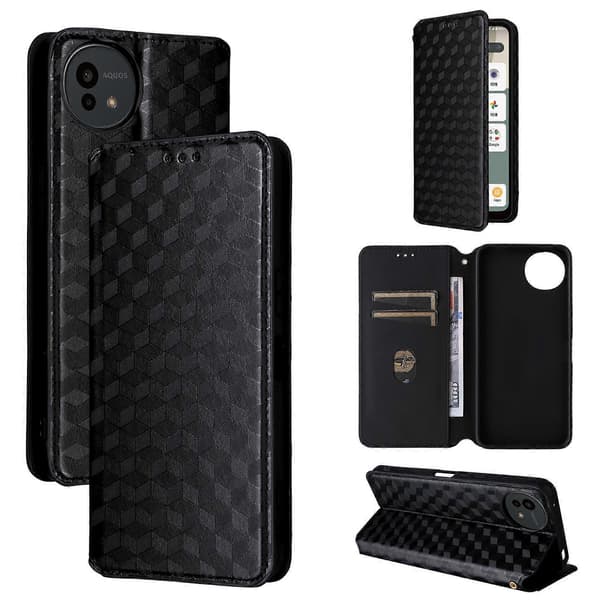 Cubic Grid Texture Flip Läderfodral för telefon (svart, för Sharp Aquos wish5)