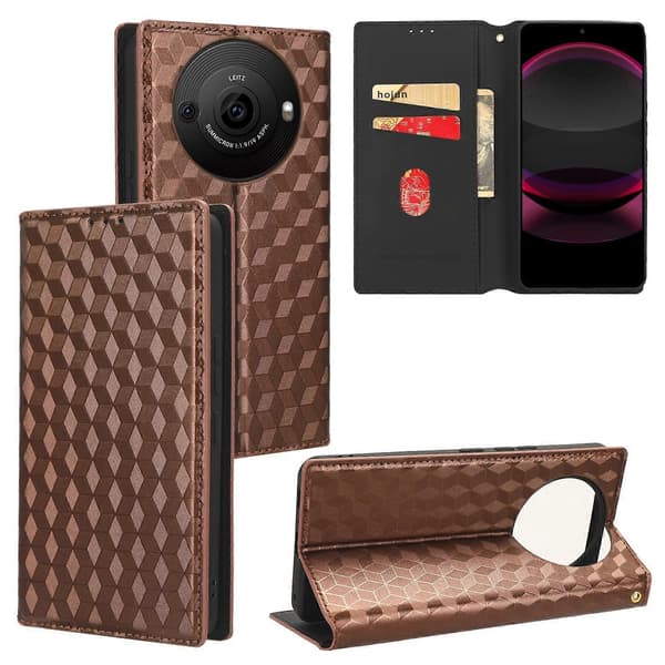Cubic Grid Texture Flip Leather Phone Case (brun, for Sharp Aquos R8 Pro / Leica Leitz Phone 3)