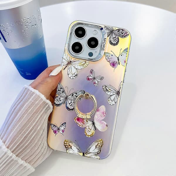 Galvanisering Laser Sommerfugl Ringholder Telefoncover til iPhone 13 Pro